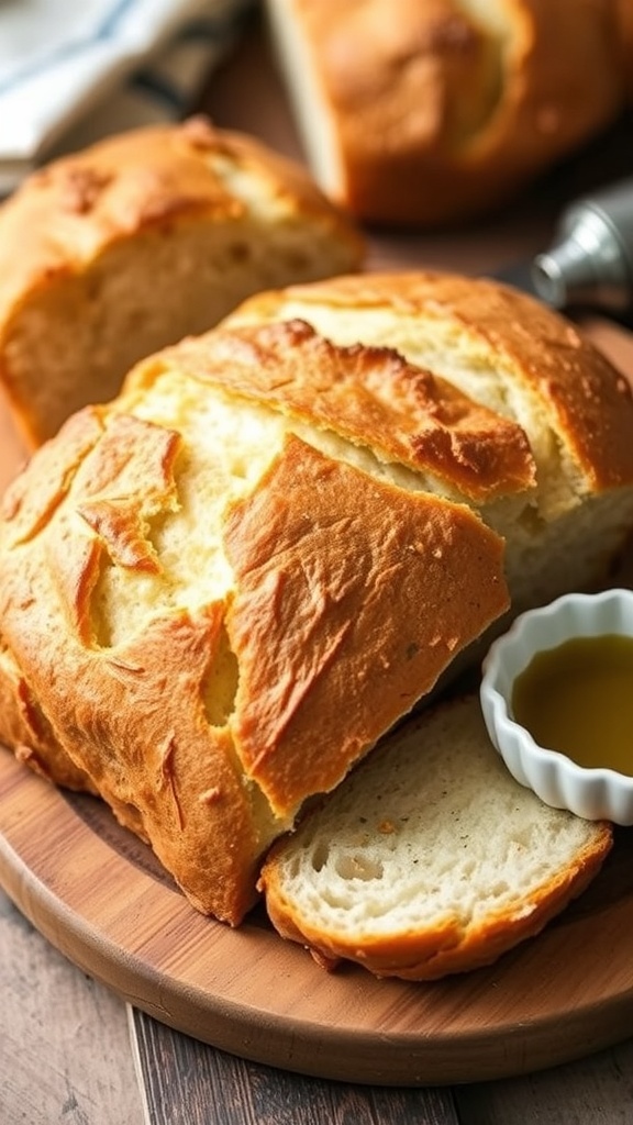 Freshly baked Whole30 bread on a cutting board, sliced to show its fluffy interior, with olive oil in a bowl nearby.